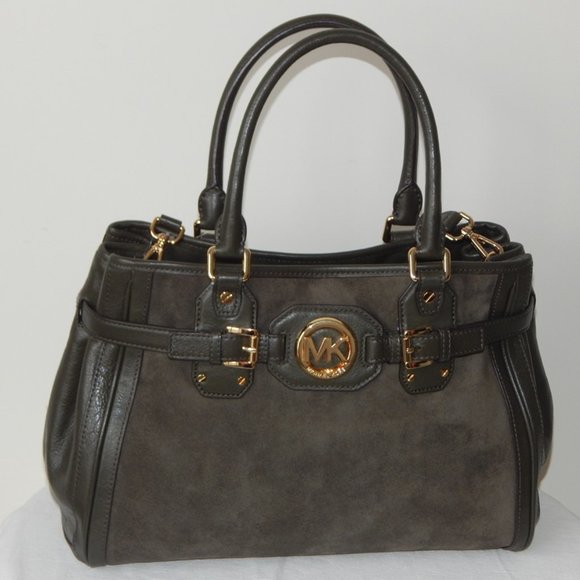 MICHAEL KORS HUDSON Leather Suede Large Tote Satchel Shoulder BAG Dark Olive NWT - Picture 1 of 14